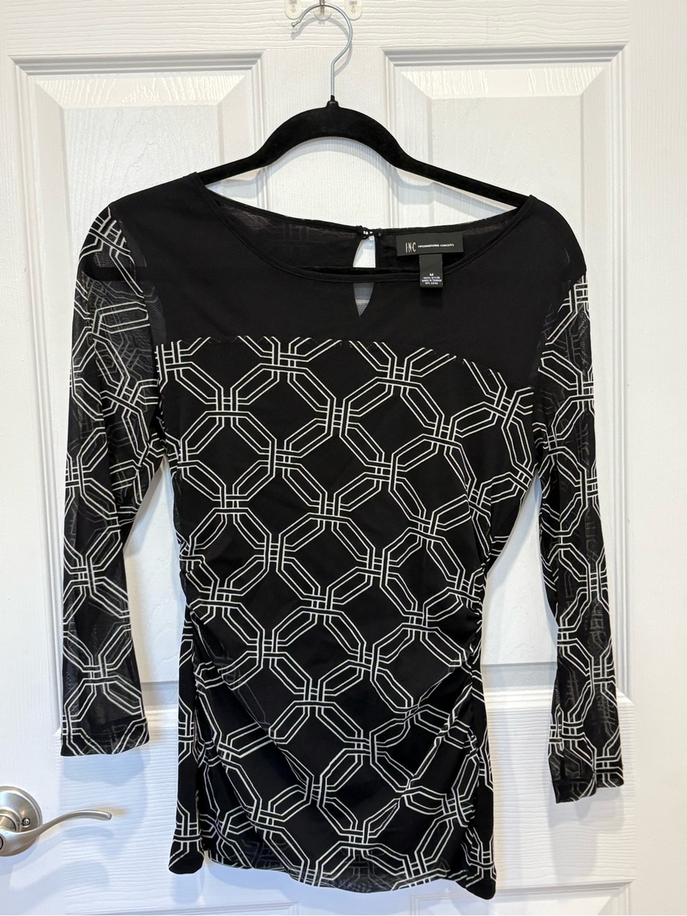 INC International Concepts Black Geometric-Print Long-Sleeve blouse#1234